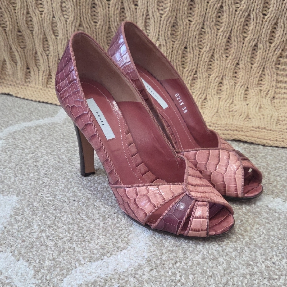 Theory Leather Mauve Croc-Embossed Peep Toe Pumps - Size 7 1/2 (Italian 38)